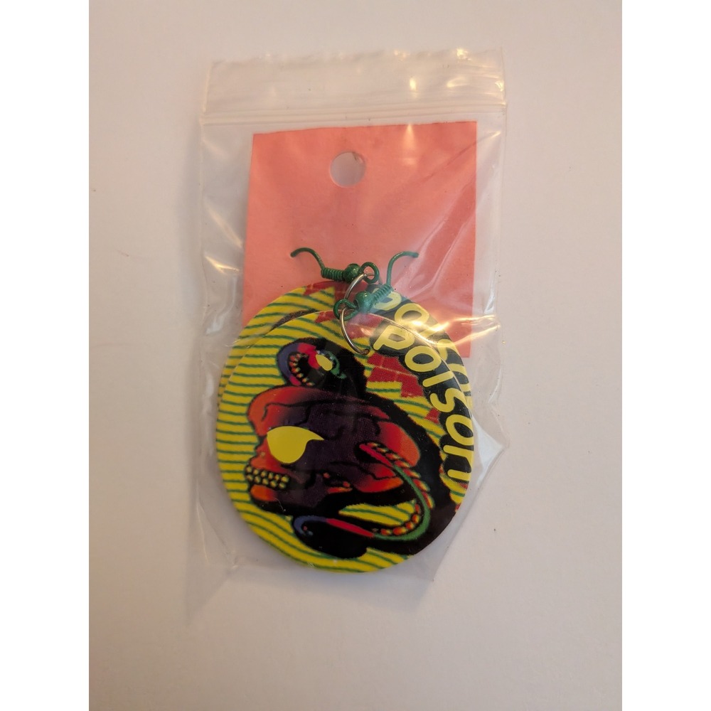 Poison Band Skull Snake Logo Circular Drop Earrings Rock Glam Metal‎ Retro Green